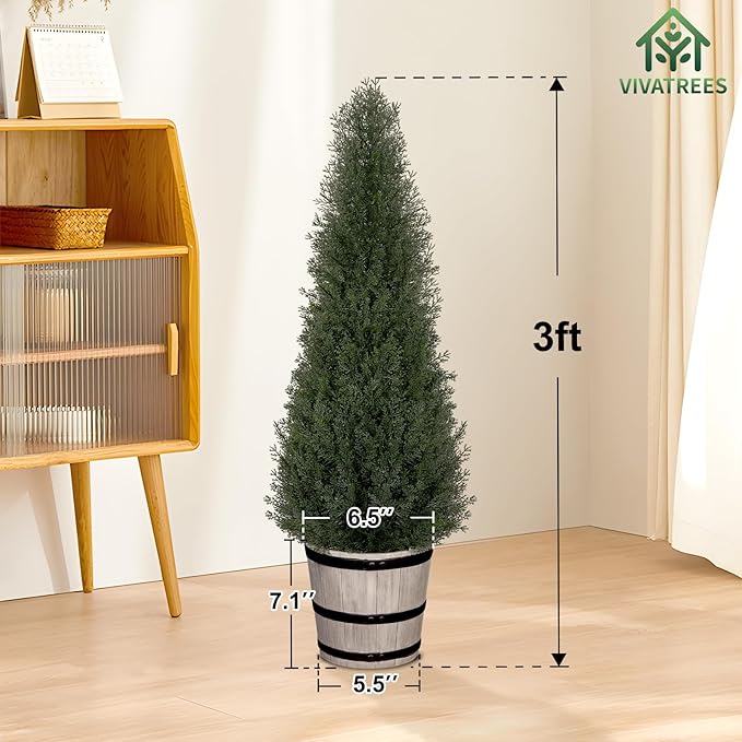 2Pack 3ft Outdoor Artificial Cedar Topiary Trees - Faux Pine in Distressed Oak-Look Planters, for Symmetrical Porch & Entryway Decor