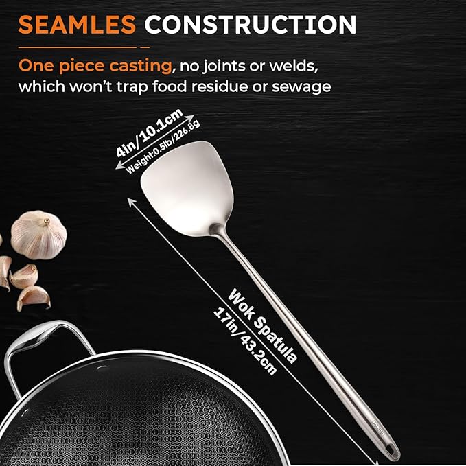 MARTE 17’’ Wok Spatula and Ladle Tools Set,Set of 2 Heat Resistant 304 Stainless Steel Wok Utensils for Cooking, Universal Wok Tools,Non-Slip Ergonomic Long Handle Wok Accessories for Kitchen