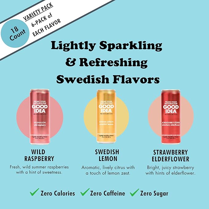GOOD IDEA Sparkling Water – Supports Metabolism, Balances Blood Sugar, Boosts GLP-1 Naturally – Science-Backed Functional Beverage – No Caffeine, No Sugar – Swedish Signature Variety Pack (18 Cans, 3 Flavors, 12 oz)