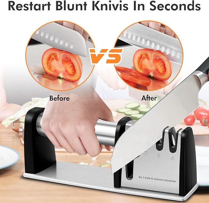 Knife Sharpeners, 4 in 1 Professional Chef's Kitchen Knife Accessories, Kitchen Blade & Scissors Sharpening Tool, Manual Knife Sharpener for Kitchen Knife