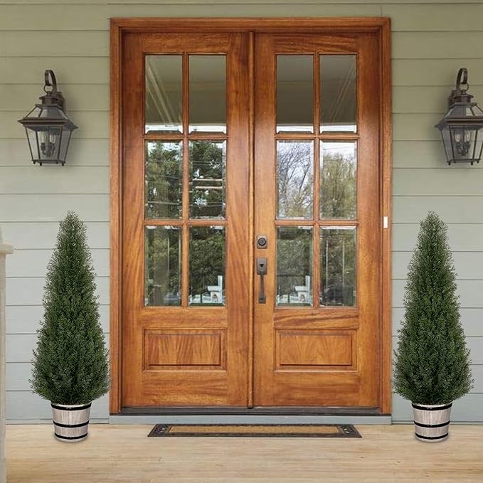 2Pack 3ft Outdoor Artificial Cedar Topiary Trees - Faux Pine in Distressed Oak-Look Planters, for Symmetrical Porch & Entryway Decor