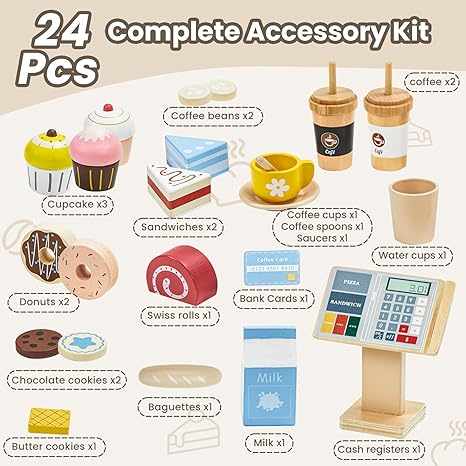24 Pcs Pretend Play Coffee Shop, Kids Grocery Store Set, Wooden Drive-Thru Window, Coffee Maker, Oven, Cash Register, Bakery Toys Food Accessories Gift for Boys Girls 3+ Years Old