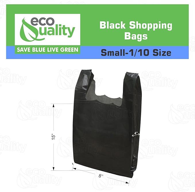 EcoQuality Plastic Black T-Shirt Bags 6000ct, 1/10 Shopping Bags, Grocery Bags, Poly Bags, Multi-Use, Small Size, Reusable Carry Out Bags (8x4x16 in.) (13 Micron)
