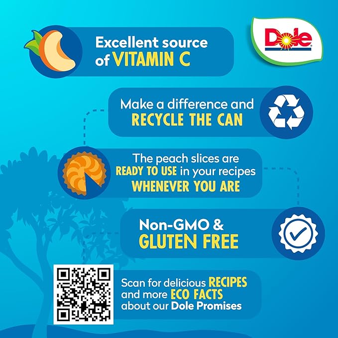 Dole Jarred Peaches Sliced Yellow Cling in 100% Fruit Juice, 23.5 Ounce Jar (Pack of 8)