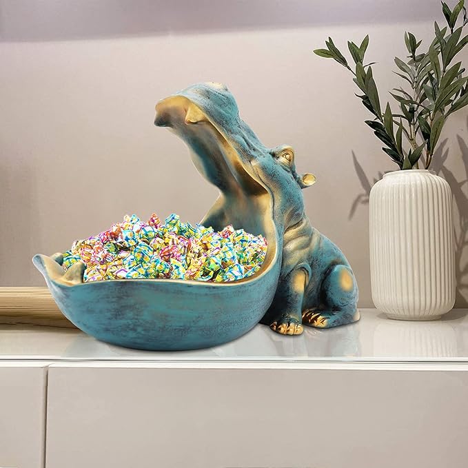 aboxoo Hippo Statue,Large Hippopotamus Figurine Home Sculpture with Resin, Hippo Candy Jar, Candy Dish Bowl for Office Desk, Key Bowl for Entryway Table,Container Storage Art Decor Box(Dark Blue)