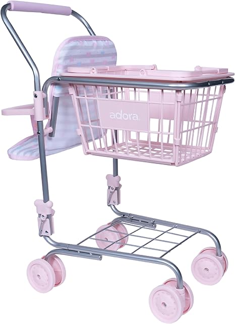 Adora 2 in 1 Mini Shopping Cart with Baby Doll Seat Carrier, Pretend Play Toy Accessories for Dolls up to 16 Inch, Includes Removable Hand Basket and Bottom Rack Storage - Classic Pastel Pink