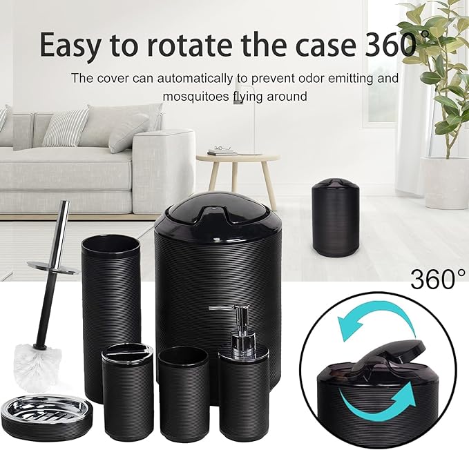 CERBIOR Bathroom Accessories Set 6 Piece Bath Ensemble Includes Soap Dispenser, Toothbrush Holder, Toothbrush Cup, Soap Dish for Decorative Countertop and Housewarming Gift, Black