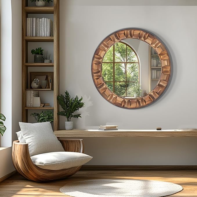 30 Inch Round Wood Mirror for Wall, Circle Decorative Mirror with Solid Wood Frame, Rustic Hanging Mirror for Bathroom, Entryway, Bedroom or Living Room