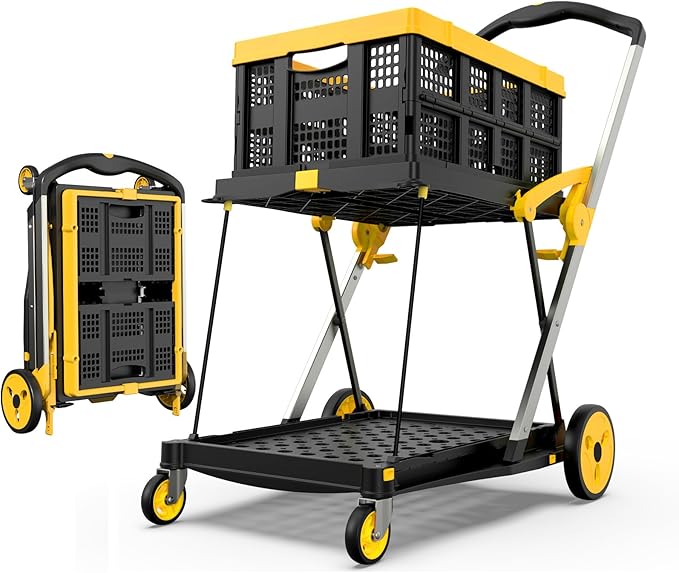 Collapsible Shopping Cart with Wheels, 200 lbs Capacity Grocery Cart on Wheels with Storage Crate, Platform Hand Truck with Foot Brake, Yellow
