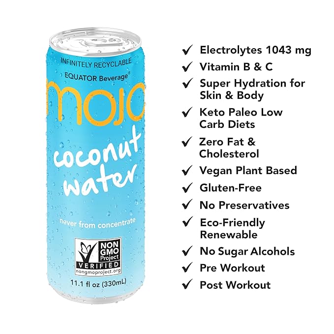 MOJO Coconut Water | Hydration Drink & Sports Drink | Electrolytes Beverage 1043 mg | Vitamin B & C | Hydration Drink for Skin & Body | 11.1 Oz (Pack Of 12)