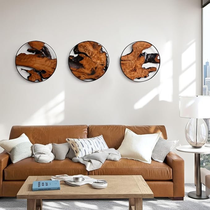 WELLAND 3 Pieces Round Cedar Wood 11.81" L x 0.87" W x 11.81" H Wall Decoration Ornaments, Hanging Decoration for Home Office, Living Room, Bedroom, Bathroom, Dining Room, Entryway