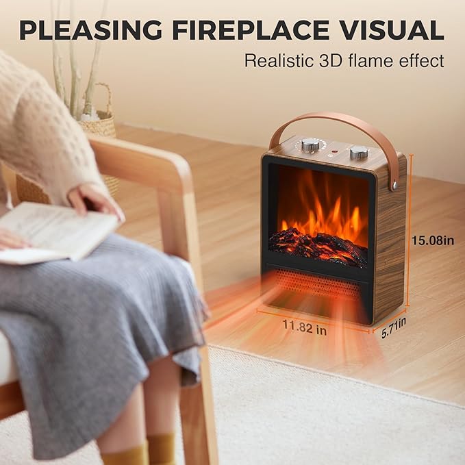 Electric Fireplace Heater for Indoor Use, 1500W/750W Space Heater Fireplace with 3D LED Flame, Double Safety Protection, Portable Fireplace Heater for Home Office Christmas Decoration