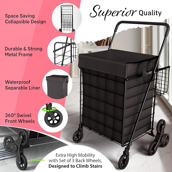 Stairs Climbing Shopping Cart w/Waterproof Basket Liner & 360° Swivel Wheels | Foldable Collapsible & Lightweight | Perfect for Groceries Laundry Utility Cart - Black