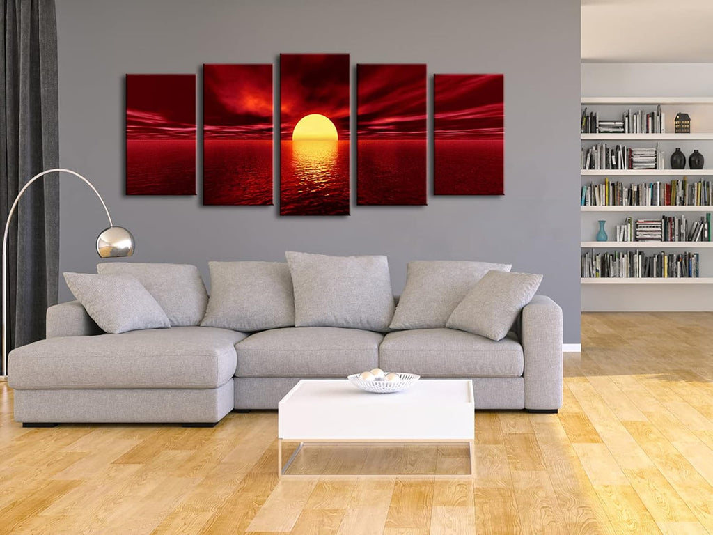 Wieco Art Red Sun Large Modern 5 Panels Seascape Sea Giclee Paintings Canvas Prints Wall Art Gallery Wrapped Pretty Ocean Sunset Pictures Artwork for Kitchen Bathroom Home Office Decoration