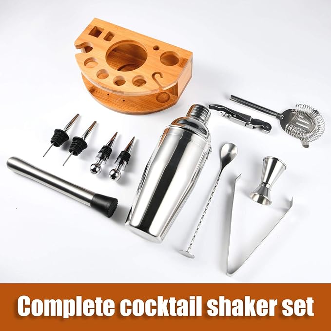 Bartender Kit with Stylish Bamboo Stand, 12 Piece 25oz Cocktail Shaker Set for Mixed Drink, Professional Stainless Steel Bar Tool Set, Gift for Man Dad- Cocktail Recipes Booklet (Silver)