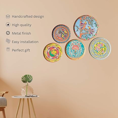 RITUALISTIC Madhubani Wall Plates for home decoration | Wall decor items for living room | Metal Wall décor | Gift items for unisex |wall art | wall showpiece| Home Décor Gift Items | Set of 5 plates