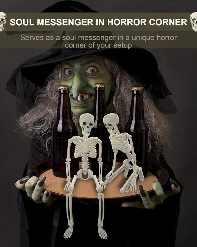 5 Pack Posable Skeleton Halloween Decorations, 16in Halloween Skeleton Decor- Full Body Movable Joints with 22 Spiders & Cobweb, Outdoor/Indoor Scary Party Graveyard Props Hanging Skeletons