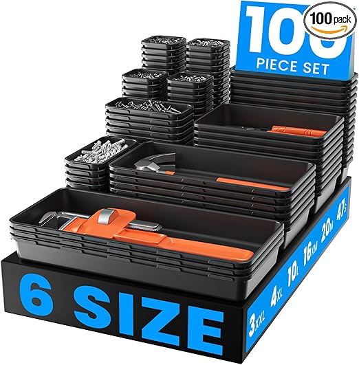 【Fits 100+ Tools】A-LUGEI【100-Piece 6-Size】 Tool Organizer Tray Set - Black Plastic Drawer Dividers for Garage Cabinets, Rolling Tool Chests, Workbenches & Office Storage.