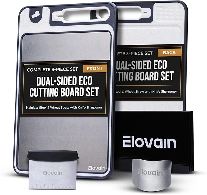 Dual-Sided Stainless Steel Cutting Board with Knife Sharpener – Multi-Use, Hygienic Prep for Daily Kitchen Use – Non-Slip, Dishwasher Safe, Includes Scraper & Finger Guard – 3-Pc Set