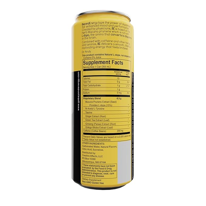 Beyond Energy - 12 Pack - Mango Herbal Energy Drink, Naturally Sourced L-Dopa with Mucuna Pruriens, Aminos, Antioxidants, 200mg Caffeine - (Mango)