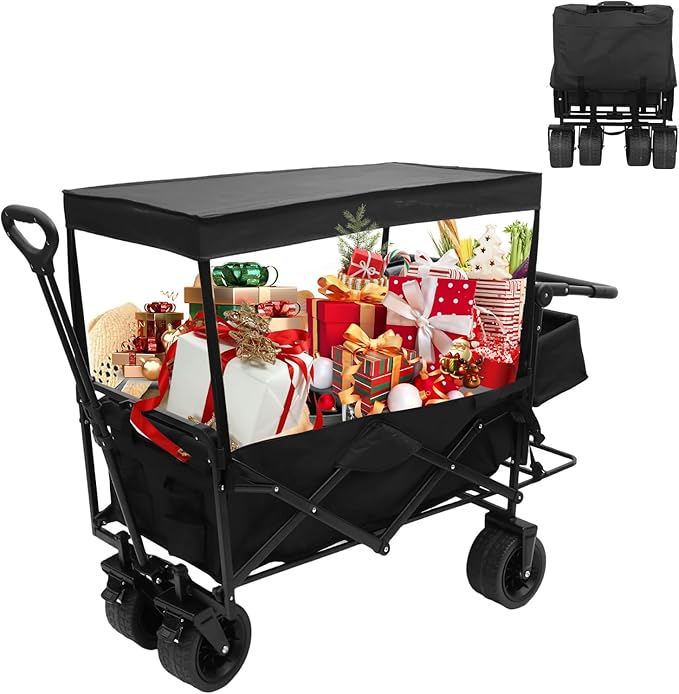 Nice C Collapsible Wagons Carts Foldable, Push Wagon, Stroller Wagons, Wagon with Canopy, Grocery Cart on Wheels, 42.5'' L Up to 440LBS, All-Terrain Wheels with Handle&Push Bar (Stroller, Black)