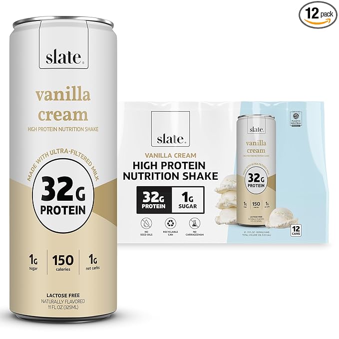 Slate Milk - High Protein Nutrition Shake - Vanilla Cream - 32g Protein, 1g Sugar, 150 Calories, 1g Net Carbs - Lactose Free - No Added Sugar - Breakfast Boost, Post Workout - 11 fl oz, 12 Cans
