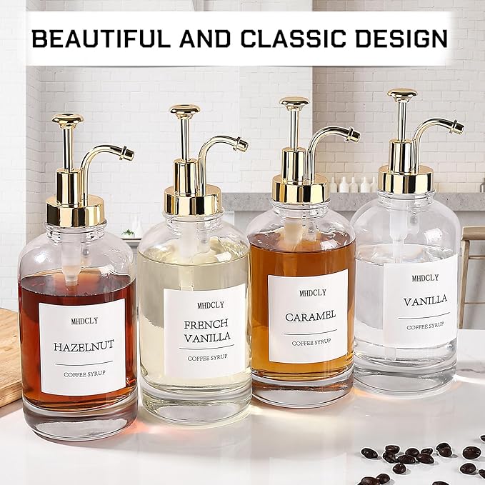 Coffee Bar Accessories, Coffee Syrup Dispenser - 4pack,16.9oz Syrup Dispenser with Labels,Syrup Pump Dispenser for Coffee Bar(Gold pump)