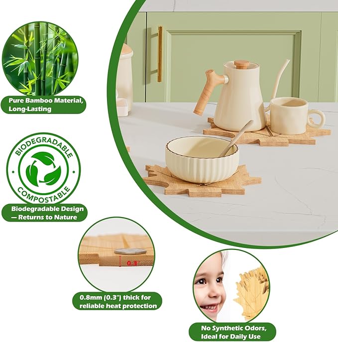 Bamboo Trivets for Hot Dishes, Pots & Pans - 4 Large + 2 M Heat Resistant Pot Holders Trivet Set with Maple Leaf Design, Non-Slip for Kitchen Countertops & Dining Table (Natural Materials)
