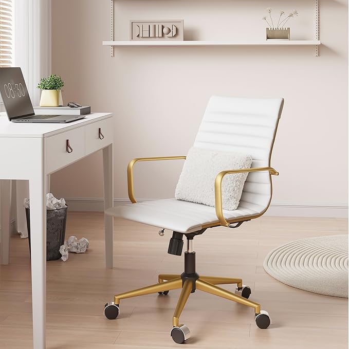Ergonomic Office Chair with Adjustable Swivel and Lumbar Support, White and Gold Leather Desk Chair for Home Office