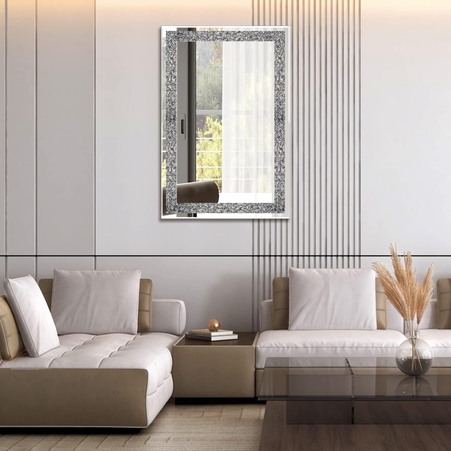 Ruomeng Wall Mirror Rectangular Crystal Crush Diamond Mirror for Home Decoration Accent Mirror for Bathroom, Entryway and Bedroom, 24" x 36"