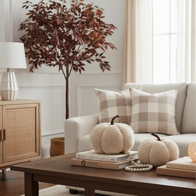 LampLust Plush Pumpkin Decor, Pack of 2, Sand Faux Pumpkins for Thanksgiving Table Centerpiece, Rustic Farmhouse Decor, Fall Halloween Decorations