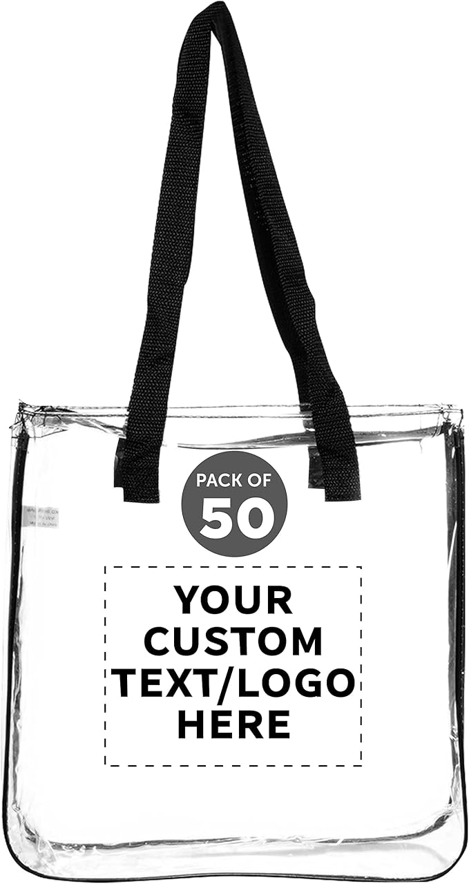 DISCOUNT PROMOS Custom Clear Tote Bags Set of 50, Personalized Bulk Pack - Reusable, Great for Shopping, Grocery, Beach, Picnic, Wedding Favors - Black Clear