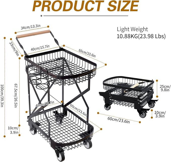 2-Tier Foldable Shopping Cart for Groceries, Collapsible Cart with 360° Rolling Swivel Wheels, Heavy Duty Multi Function Folding Utility Cart for Camping Gear, Traveling, Laundry, Garden, Pantry