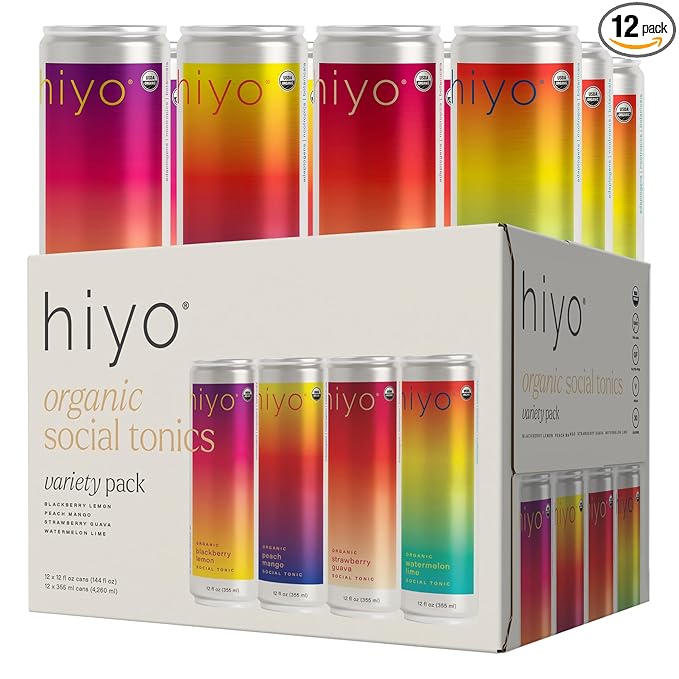 Hiyo Organic Social Tonic – Variety Pack, 12 Pack - N.A. Functional Seltzer, Sparkling Water Crafted with Organic Adaptogens, Nootropics & Botanicals