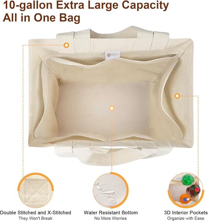 VitaSerena Heavy Duty Reusable Grocery Bags 3pcs XL Set, Washable Canvas Grocery Bags with Dual Handles, Inner Pockets, Shrink Resistant, Foldable