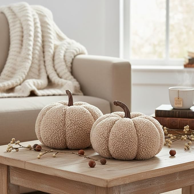 LampLust Plush Pumpkin Decor, Pack of 2, Sand Faux Pumpkins for Thanksgiving Table Centerpiece, Rustic Farmhouse Decor, Fall Halloween Decorations