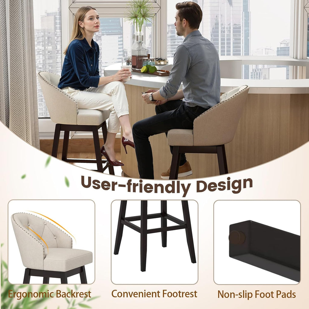 Giantex Modern Upholstered Bar Stools Set of 2, 31" Bar Height Swivel Kitchen Stools w/Button-Tufted Back, Rubber Wood Frame, Rivet Decoration, Linen Fabric Barstools for Counter Island, Cafe, Beige