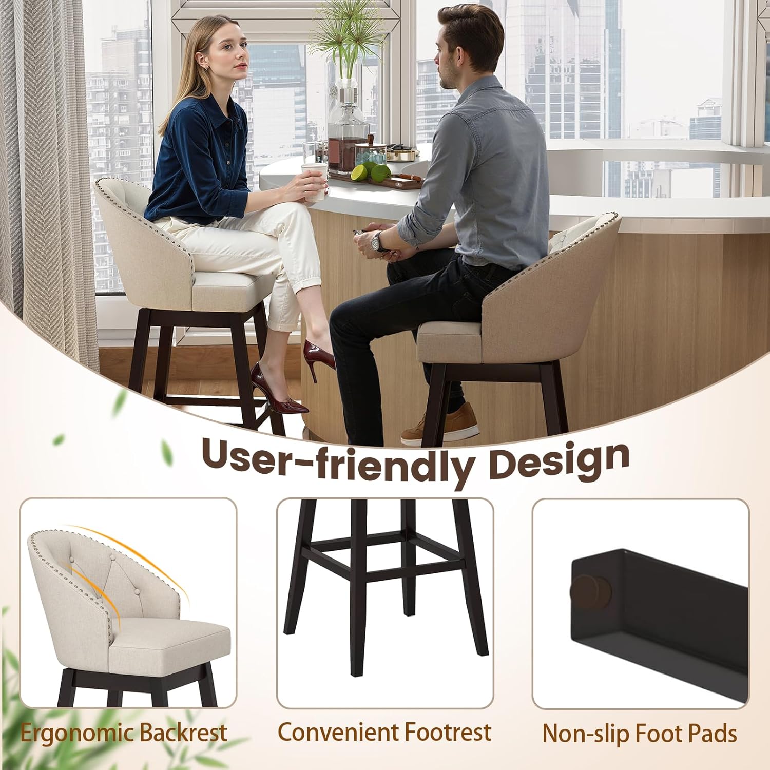 Giantex Modern Upholstered Bar Stools Set of 2, 31" Bar Height Swivel Kitchen Stools w/Button-Tufted Back, Rubber Wood Frame, Rivet Decoration, Linen Fabric Barstools for Counter Island, Cafe, Beige