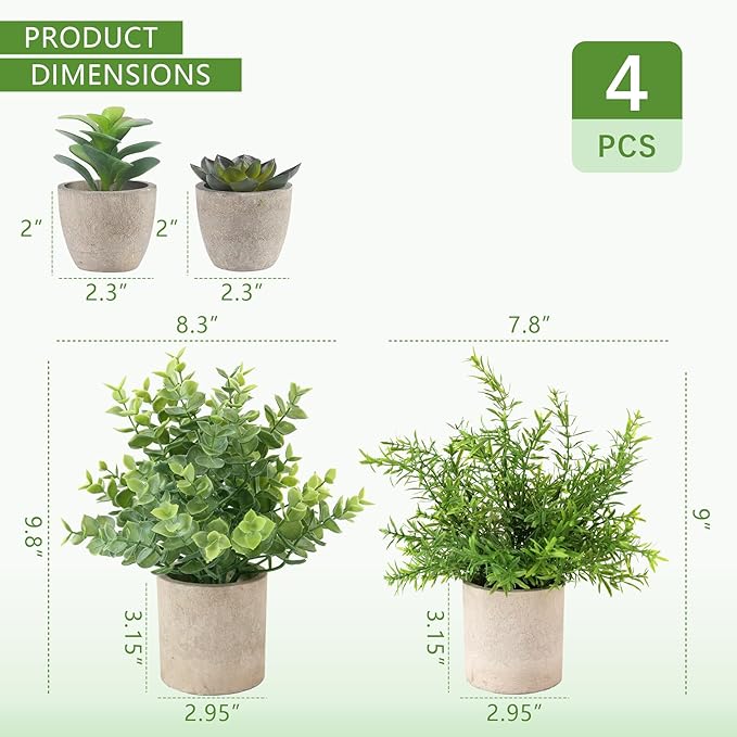 ALAGIRLS 4 Packs Fake Plants Small Artificial Plants Indoor Eucalyptus Rosemary Succulents Plants Potted Faux Plants for Home Indoor Office Bathroom Living Room Decor