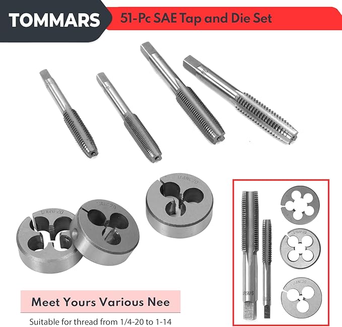 TOMMARS 51-Pc 1/4-20 to 1-14 Jumbo Tap and Die Set SAE Round Threading Dies for Threading and Rethreading Internal and External Threads