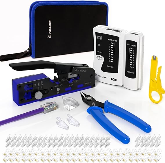 VCELINK Ethernet Crimping Tool Kit 105-in-1 for CAT7/CAT6A/CAT6/CAT5E/CAT5, RJ45 Crimp Tool Set with an Ethernet Crimper, Cable Tester, Wire Stripper and Cutter in a Cloth Bag