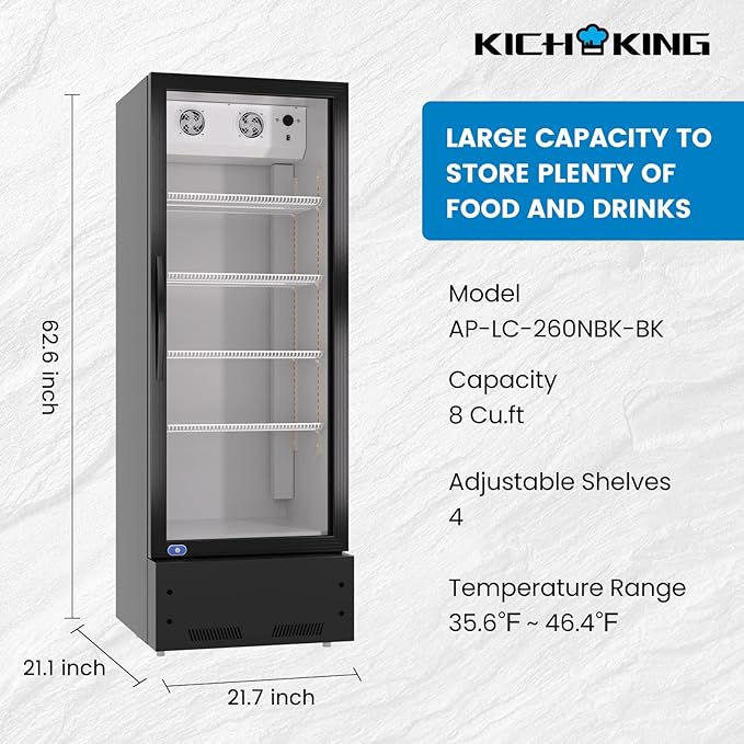 8 Cu.ft Merchandiser Refrigerator, 35~46℉, 21.7" W Glass Door Upright Display Refrigerator, Beverage Cooler, LED Lighting, Drink Fridge-Black, for Home Restaurant Grocery Stores