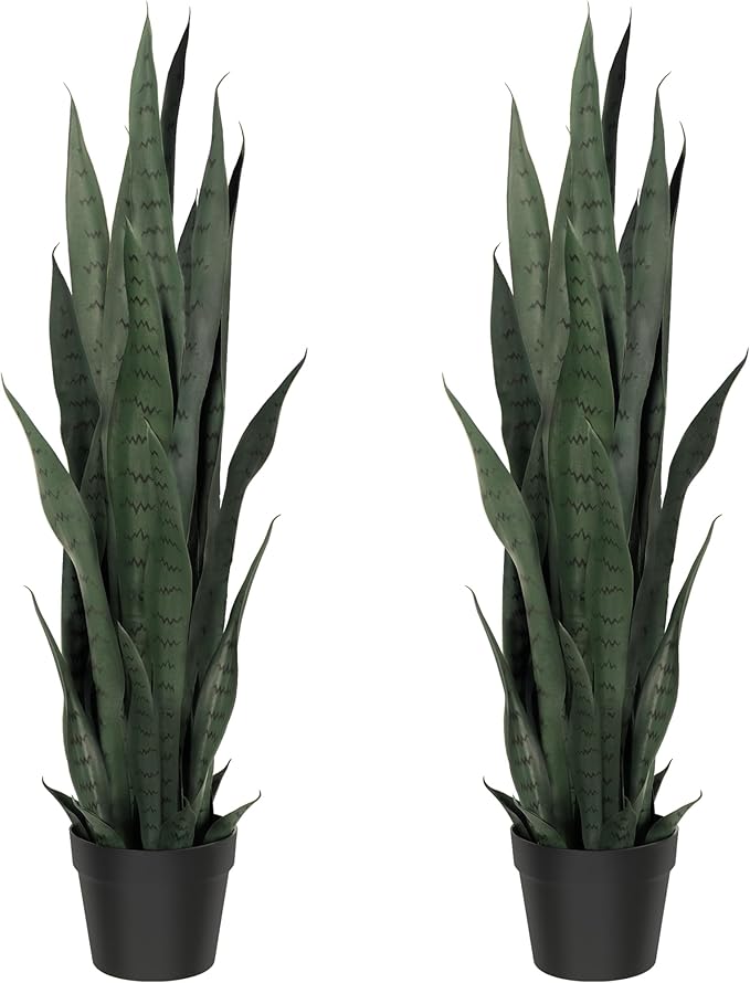 Fake Snake Plant 3ft Tall Faux Sansevieria with 24 Realistic Leaves UV Resistant Potted 2 Pack Fake Mother in Law's Tongue Plants for Indoor Outdoor Home Office Bedroom or Patio Decoration