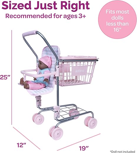 Adora 2 in 1 Mini Shopping Cart with Baby Doll Seat Carrier, Pretend Play Toy Accessories for Dolls up to 16 Inch, Includes Removable Hand Basket and Bottom Rack Storage - Classic Pastel Pink
