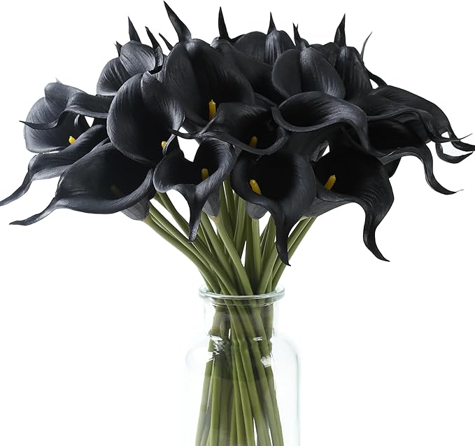 SITUMEIZI 24 PCS Black Fake Flowers Artificial Calla Lily Silk Flowers Real Touch for Mother's Day Easter Home Kitchen Decor Wedding Bouquet Office Spring Decoration