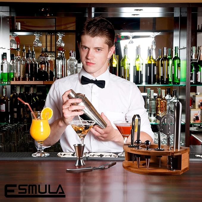 Bartender Kit with Stylish Bamboo Stand, 12 Piece 25oz Cocktail Shaker Set for Mixed Drink, Professional Stainless Steel Bar Tool Set, Gift for Man Dad- Cocktail Recipes Booklet (Silver)