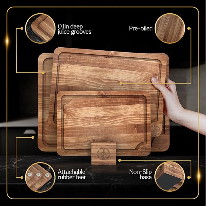 Pre-Oiled, Non Toxic 3-Piece Acacia Cutting Board Set with Stand, FSC Certified Wooden Chopping Boards with Juice Grooves for Meat. 3 Size Wood Carving Boards for Home & BBQ Kitchens by Deer & Oak