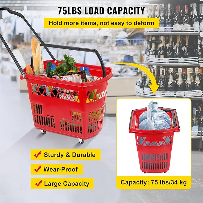 Mophorn 6PCS Shopping Carts, Plastic Rolling Shopping Basket with Wheels, Red Shopping Baskets with Handles, Portable Shopping Basket Set for Retail Store