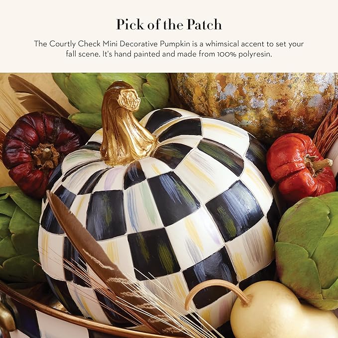 MACKENZIE-CHILDS Mini Decorative Pumpkin for Fall Decor, Autumn Decorations for Home, Courtly Check Black-and-White
