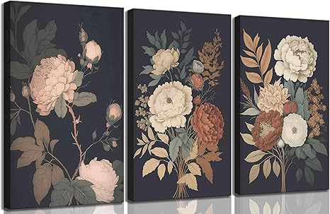 3Pcs Vintage Peony Flower Still Life Canvas Wall art Rustic Dark Floral Plant Painting Picture Farmhouse Wall Decor Posters Print Artwork for Women's Room Living Room Bedroom Home Decoration